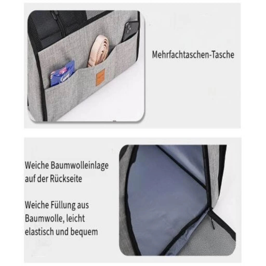 Mehrere praktische Taschen für Zubehör und Snacks.