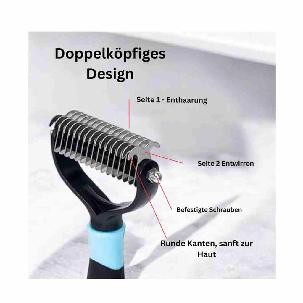 Unterfellbürste für Haustiere mit Doppelkopf – Detailansicht