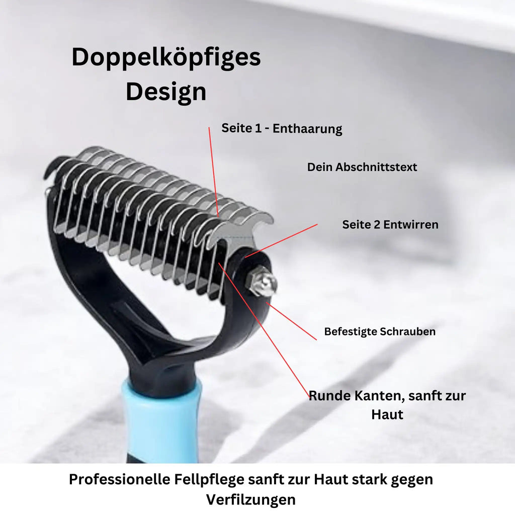 Unterfellbürste für Haustiere mit Doppelkopf – Detailansicht