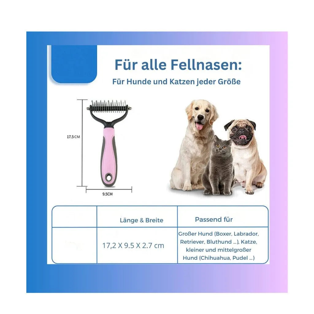 Masse der Unterfellbürste: 17,2 × 9,5 × 2,7 cm – ideal für Haustiere jeder Grösse