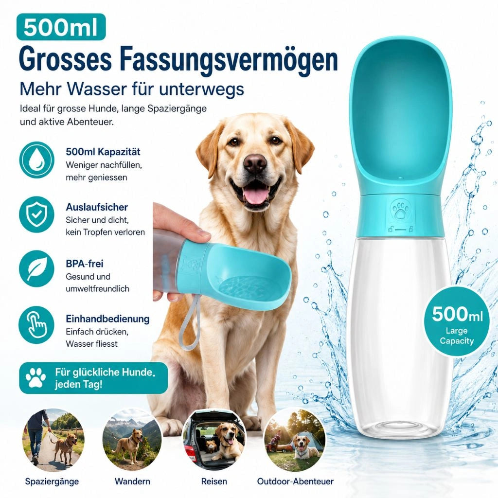 500 ml Trinkflasche für Hunde mit grosser Trinkschale, auslaufsicherem Verschluss und BPA-freiem Material für Spaziergänge, Reisen und unterwegs.