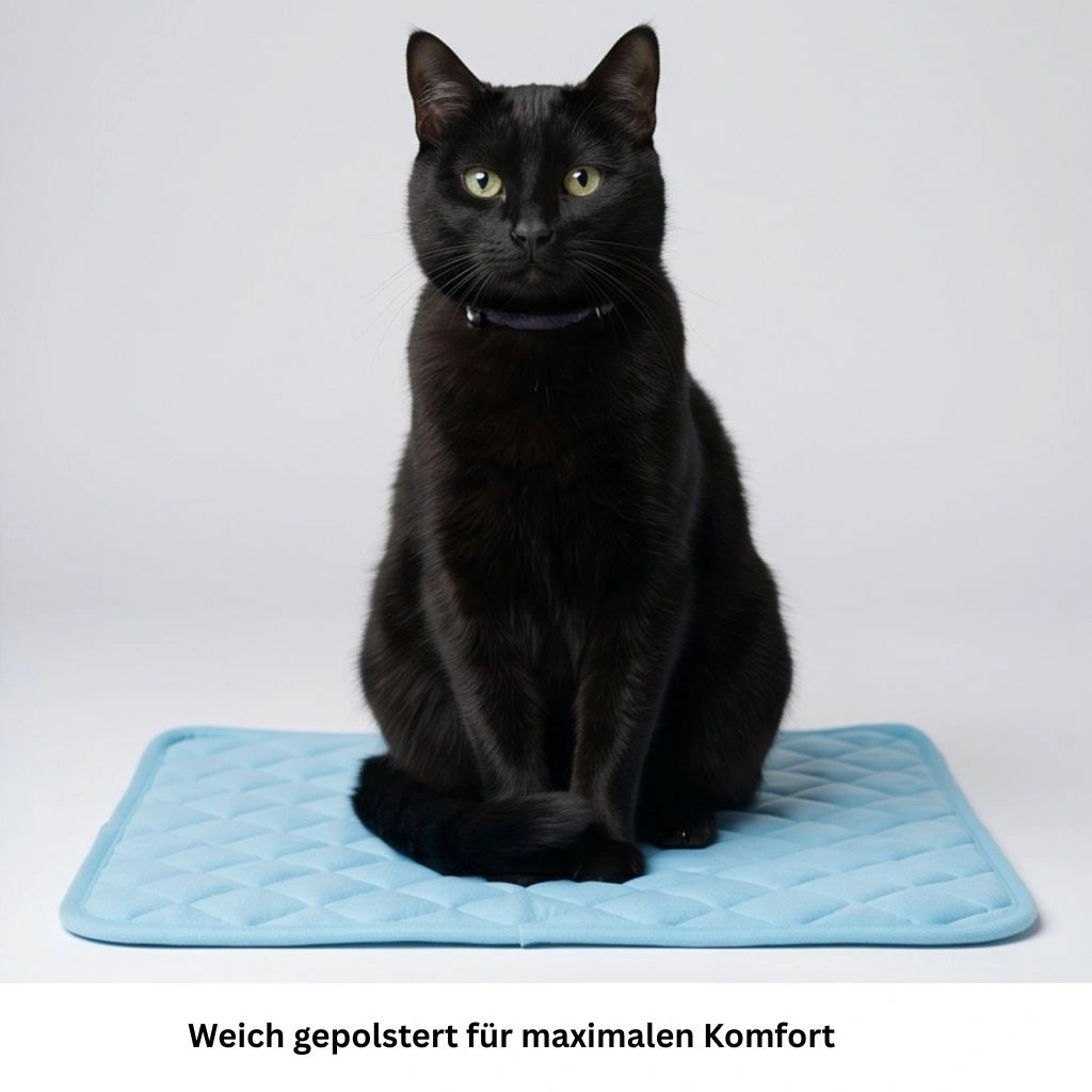 Schwarze Katze sitzt auf einer atmungsaktiven Kühlmatte für Haustiere