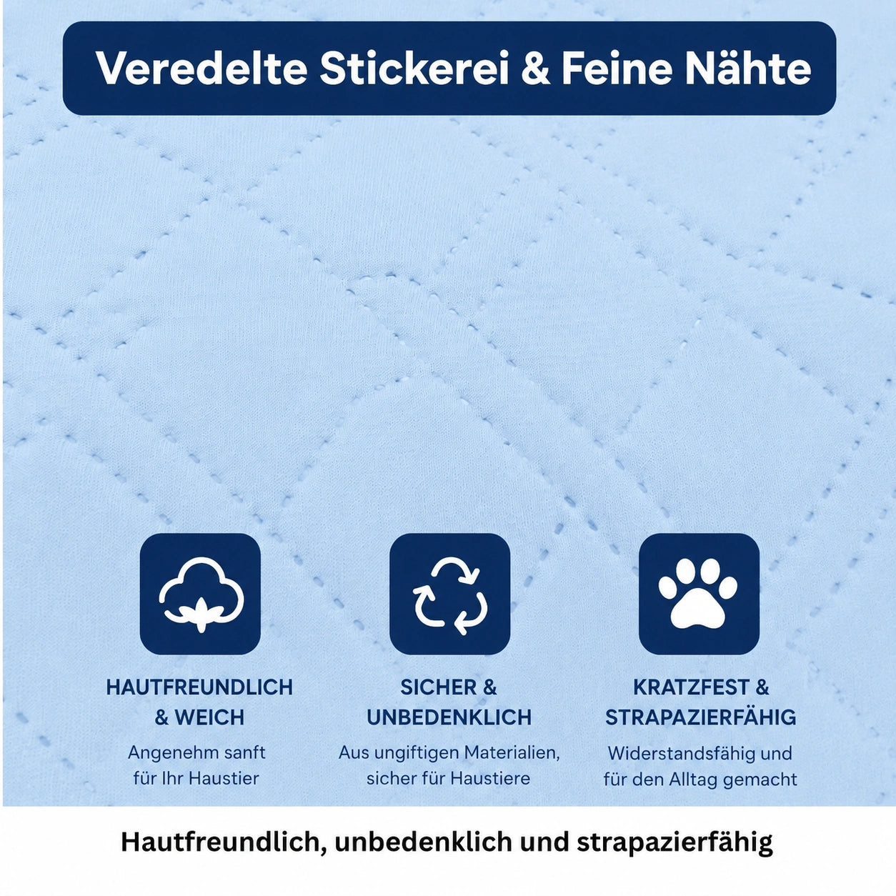 Detailansicht der blauen Haustierdecke mit feiner Steppung und Nähten