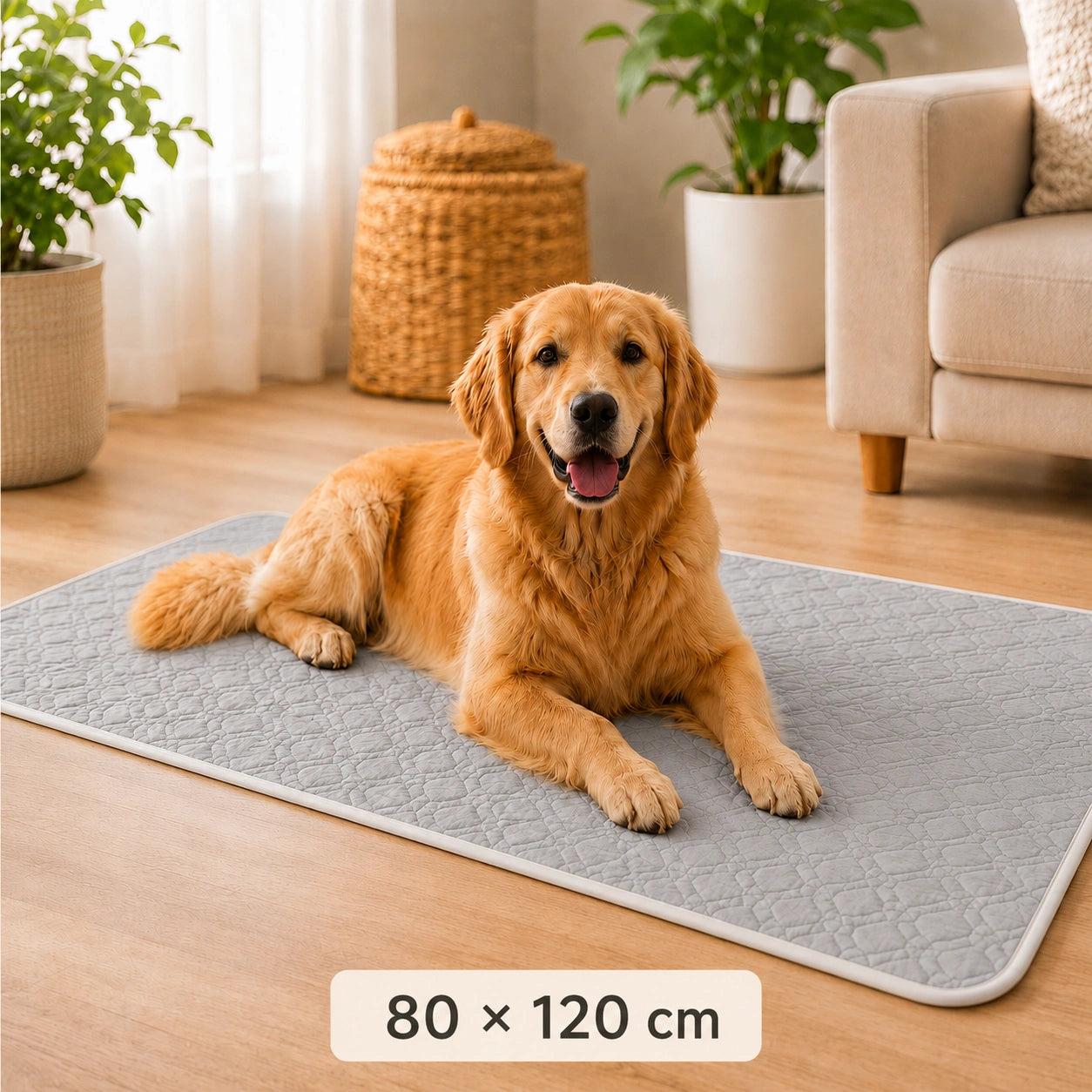 Golden Retriever liegt auf blauer Haustierdecke mit Grössenangabe 80 x 120 cm