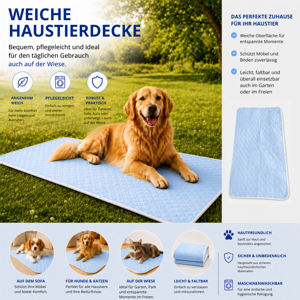 Infobild zur Haustierdecke für Zuhause, Sofa, Garten und Wiese