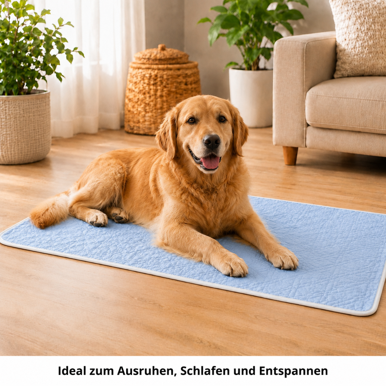 Golden Retriever liegt entspannt auf blauer Haustierdecke im hellen Wohnzimmer