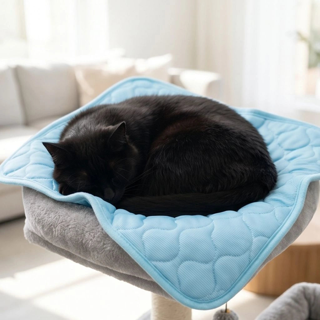 Schwarze Katze liegt gemütlich auf einer weichen, kühlenden Haustierdecke