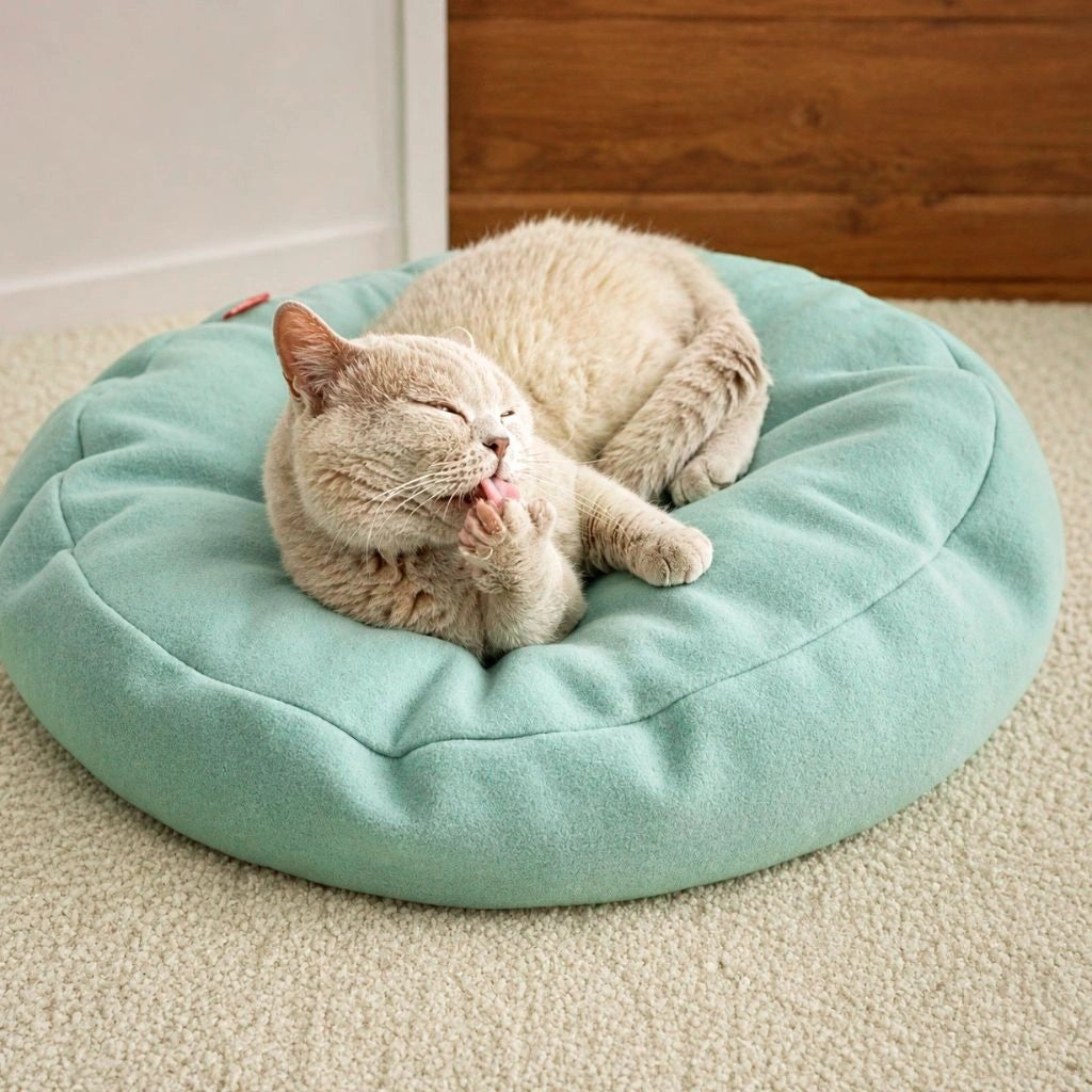 Helle Katze entspannt sich auf Hellgrün Katzenbett