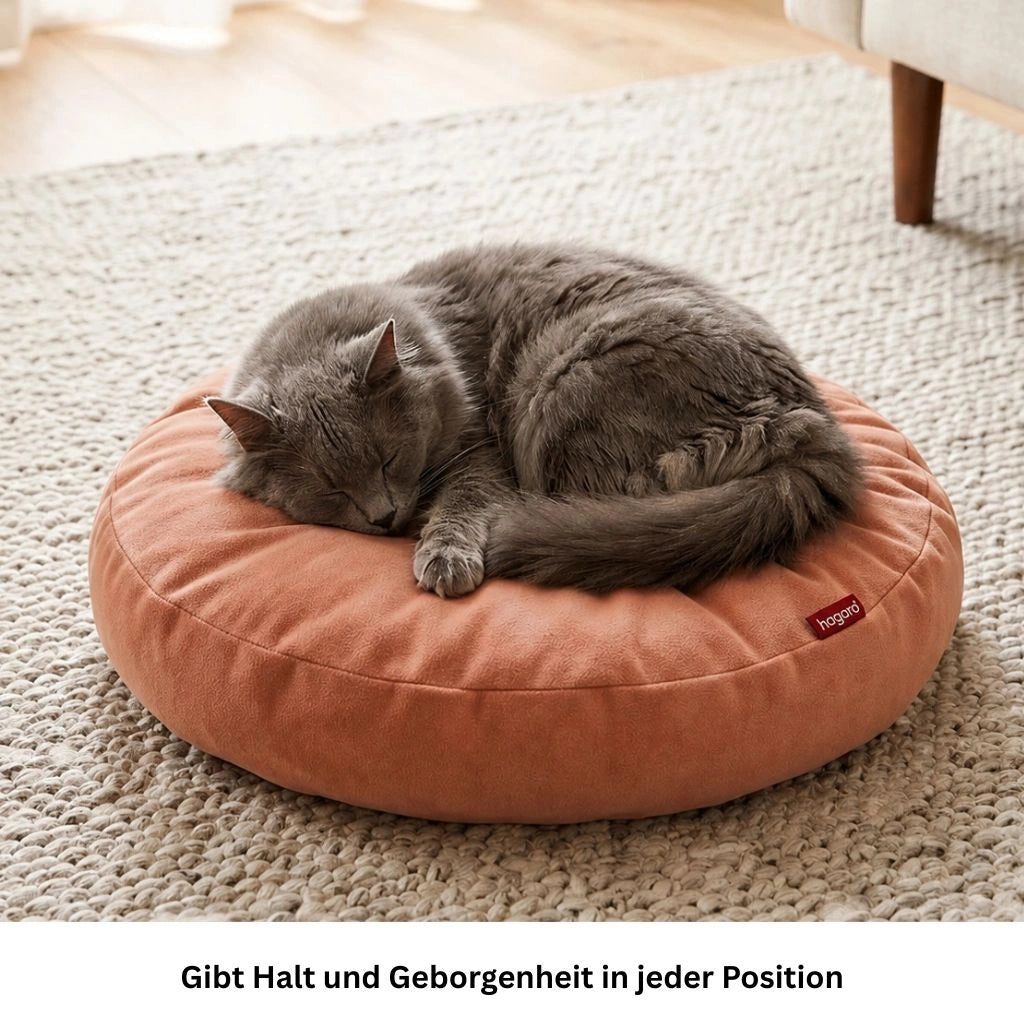 Graue Katze schläft entspannt auf rundem orangem Katzenbett