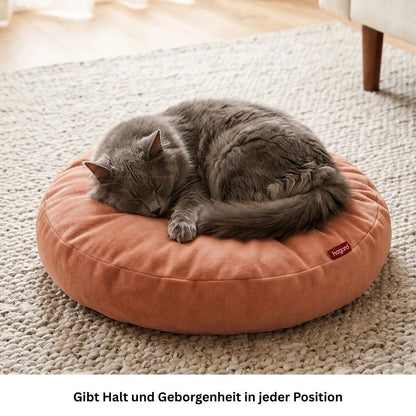 Graue Katze schläft entspannt auf rundem orangem Katzenbett