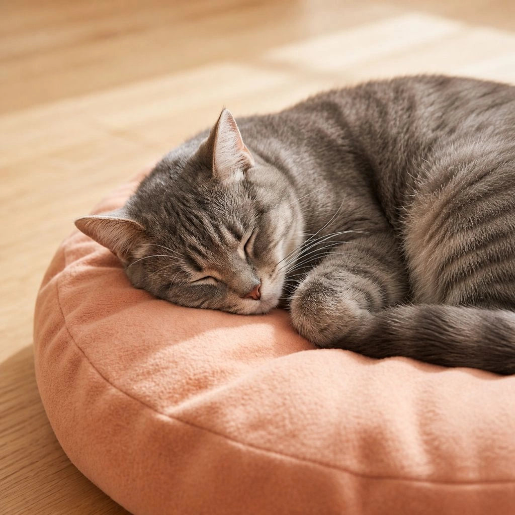 Graue Katze schläft entspannt auf orangem Katzenbett