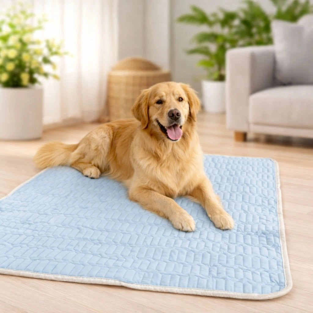 Golden Retriever liegt auf blauer selbstkuehlender Kuehlmatte im Wohnzimmer