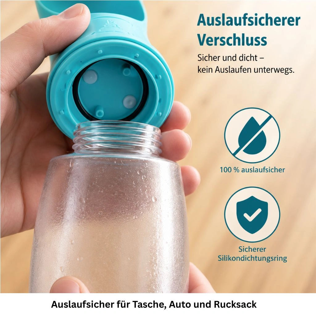 Auslaufsicherer Verschluss einer türkisen Hundetrinkflasche
