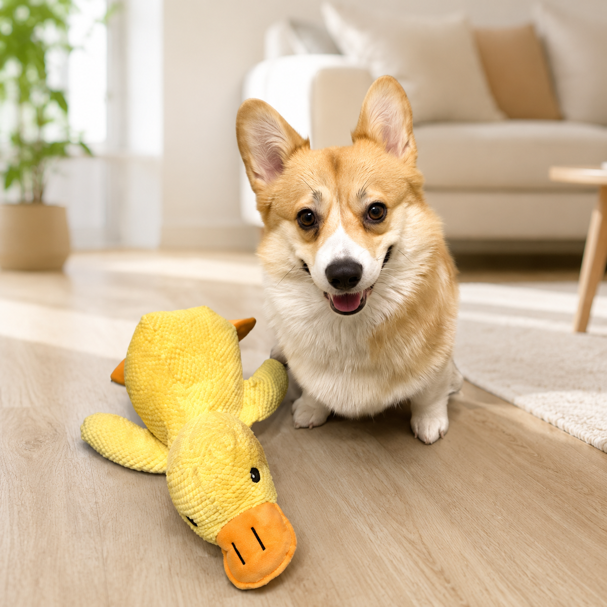 Corgi sitzt im hellen Wohnzimmer neben einer gelben Spielzeug-Ente.