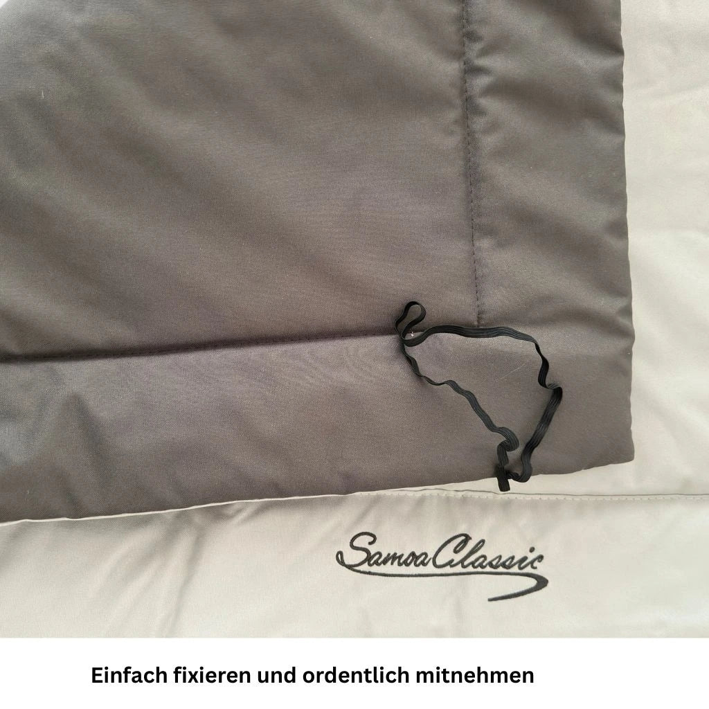 Detailansicht des grauen Materials und der Verarbeitung einer Hundematte