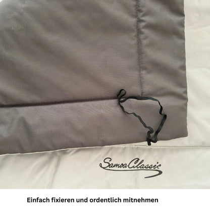 Detailansicht des grauen Materials und der Verarbeitung einer Hundematte