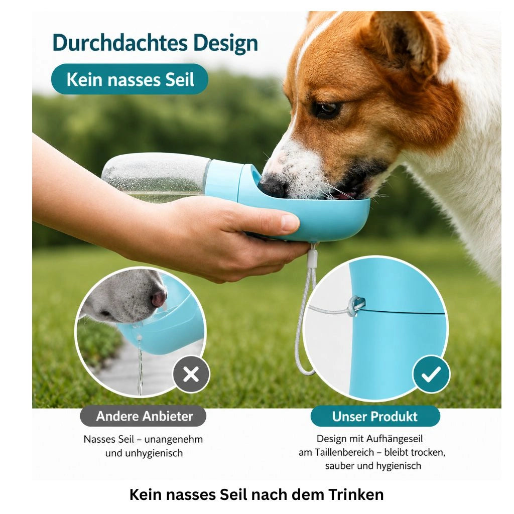Hund trinkt aus einer auslaufsicheren Trinkflasche mit Rücklauf-Funktion für überschüssiges Wasser