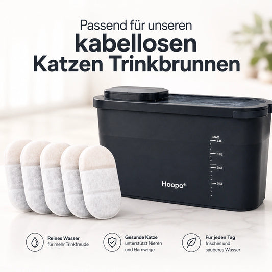 Mehrstufige Ersatzfilter passend für kabellosen Katzen Trinkbrunnen neben schwarzem Wasserspender