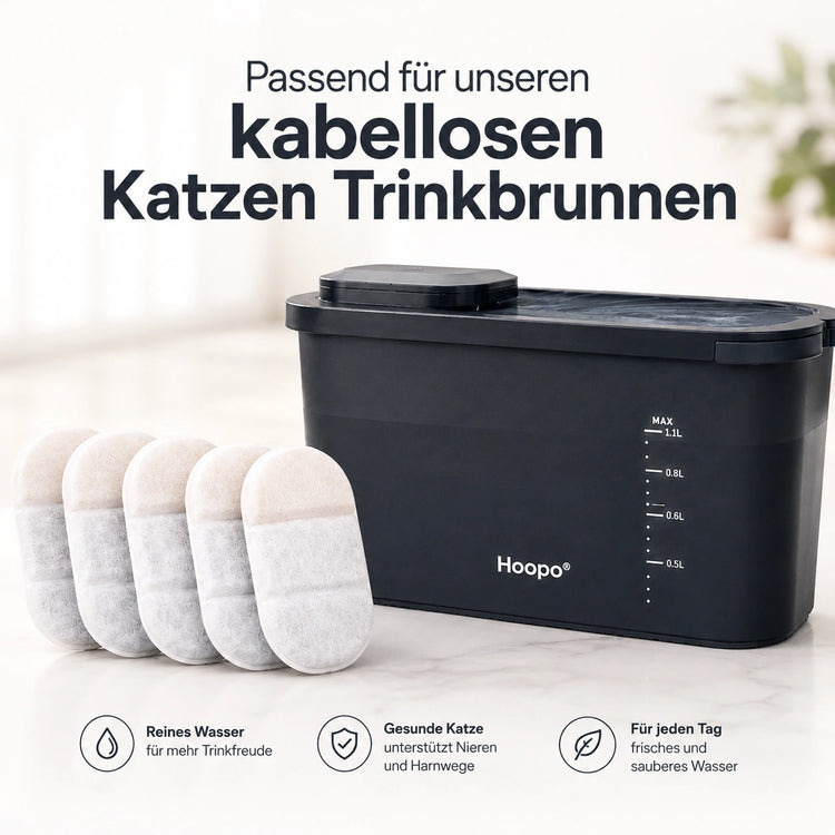 Mehrstufige Ersatzfilter passend für kabellosen Katzen Trinkbrunnen neben schwarzem Wasserspender