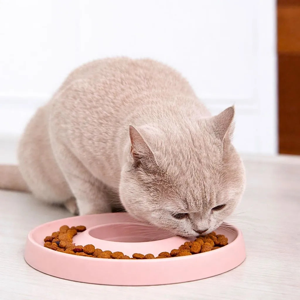 Detailansicht des Hoopo Ring rosa Slowfeeder mit Katzenfutter im Napf