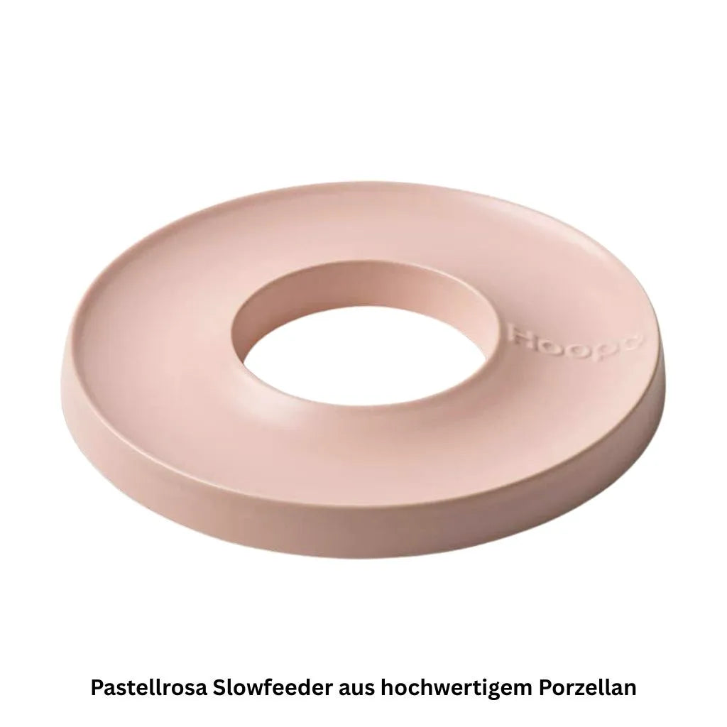 Hoopo Ring rosa Slowfeeder im modernen Wohnraum mit Katze beim Fressen