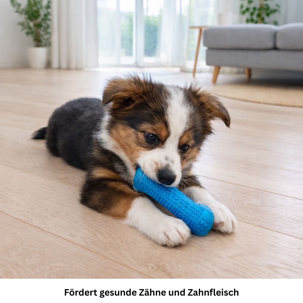 Hund liegt auf dem Boden mit blauem Zahnpflege Kauspielzeug im Maul.