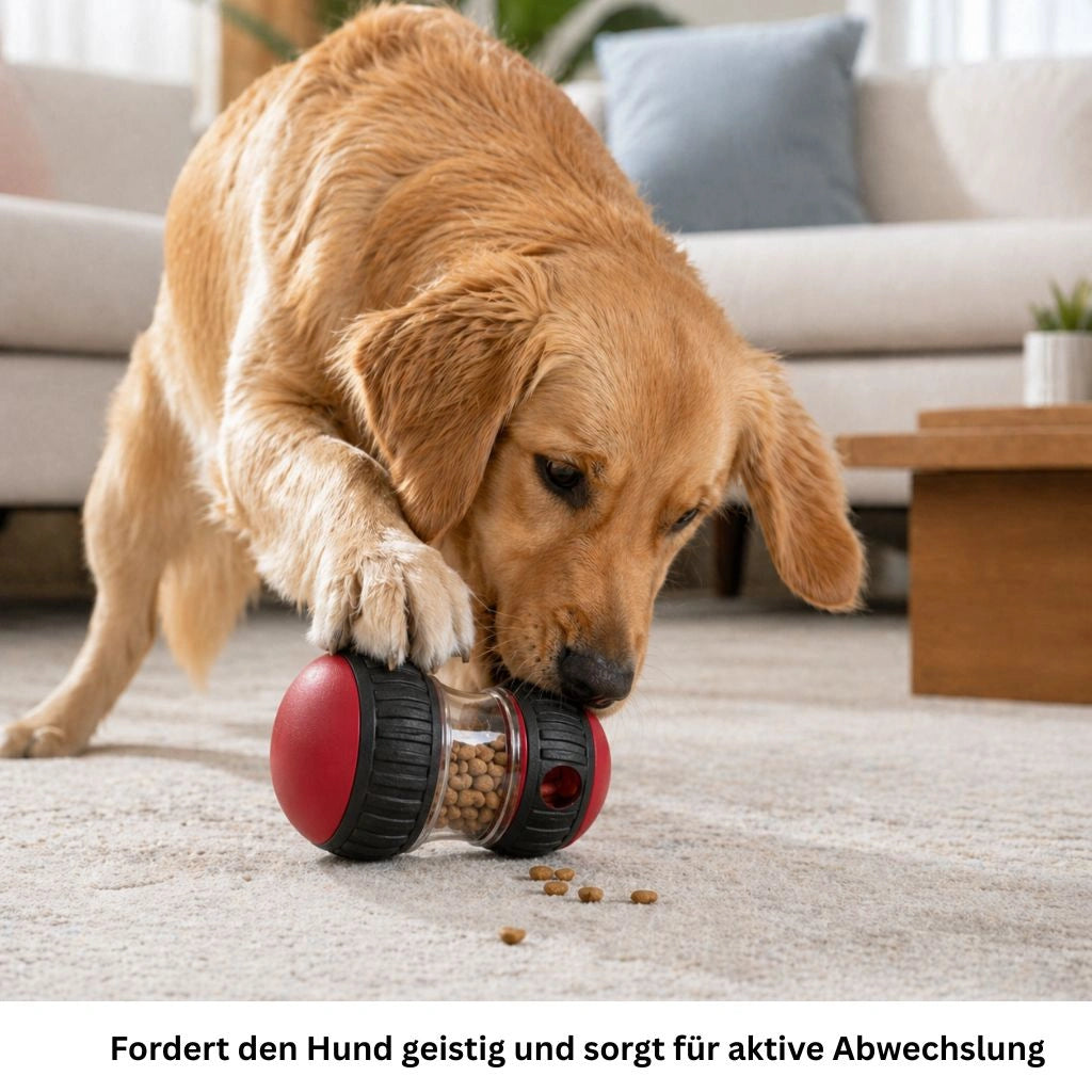 Hund liegt im Wohnzimmer und beobachtet ein rotes interaktives Leckerli Spielzeug auf dem Teppich.