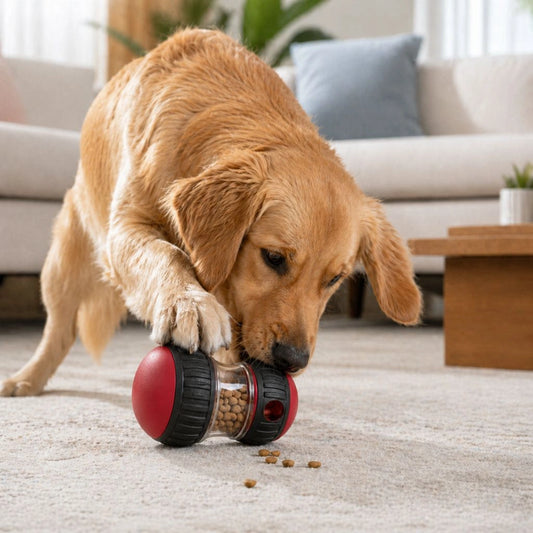 Goldener Hund spielt auf einem hellen Teppich mit einem roten Intelligenzspielzeug und versucht Leckerlis herauszubekommen.