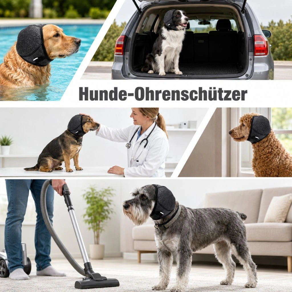 Hunde mit Ohrenschutz bei Spaziergang, Fellpflege und im Alltag