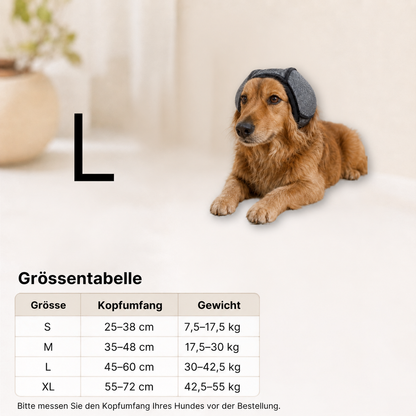 Hunde-Ohrenschutz in Grösse L mit Grössentabelle und grossem Hund