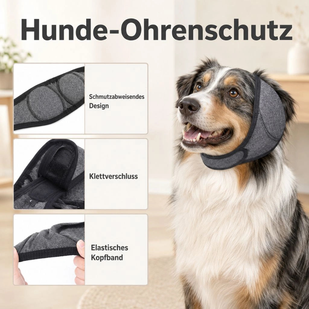 Hunde-Ohrenschutz in Schwarz und Grau mit Hund als Anwendungsbeispiel