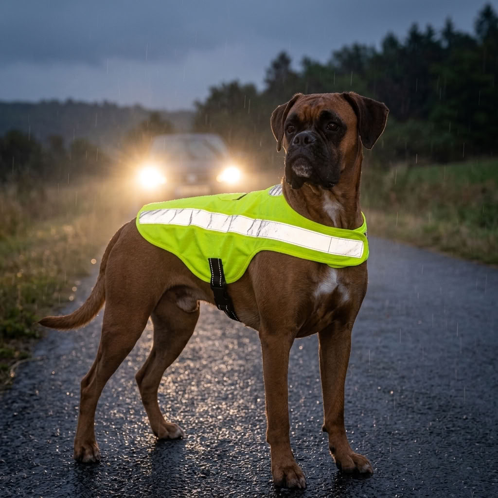 Hund mit neongelber Sicherheitsweste und sichtbarem Reflexstreifen bei Dunkelheit