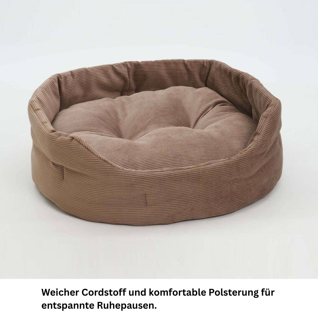 Rundes, modernes Hundebett aus braunem Cord mit herausnehmbarem Wendekissen auf weissem Hintergrund.