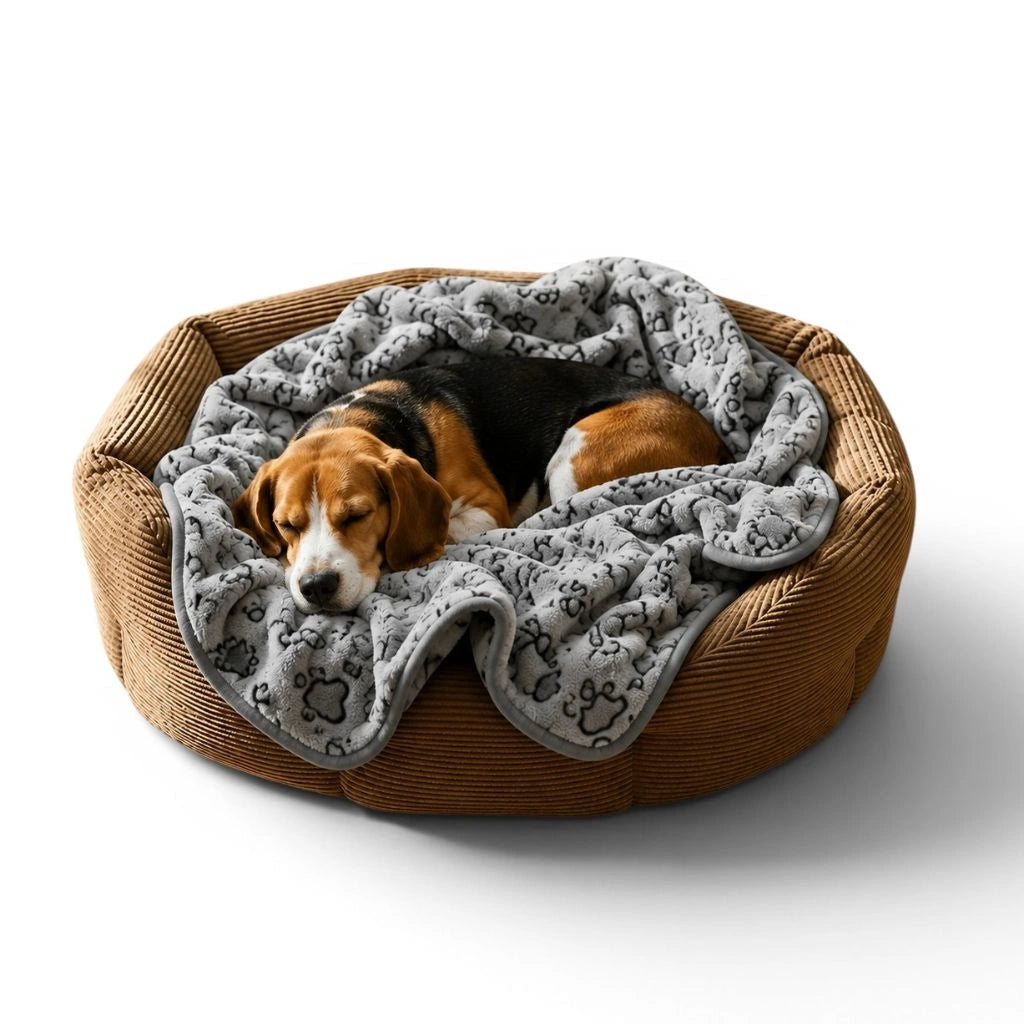 Hund liegt in einem braunen Hundebett mit weicher grauer Pfoten-Decke
