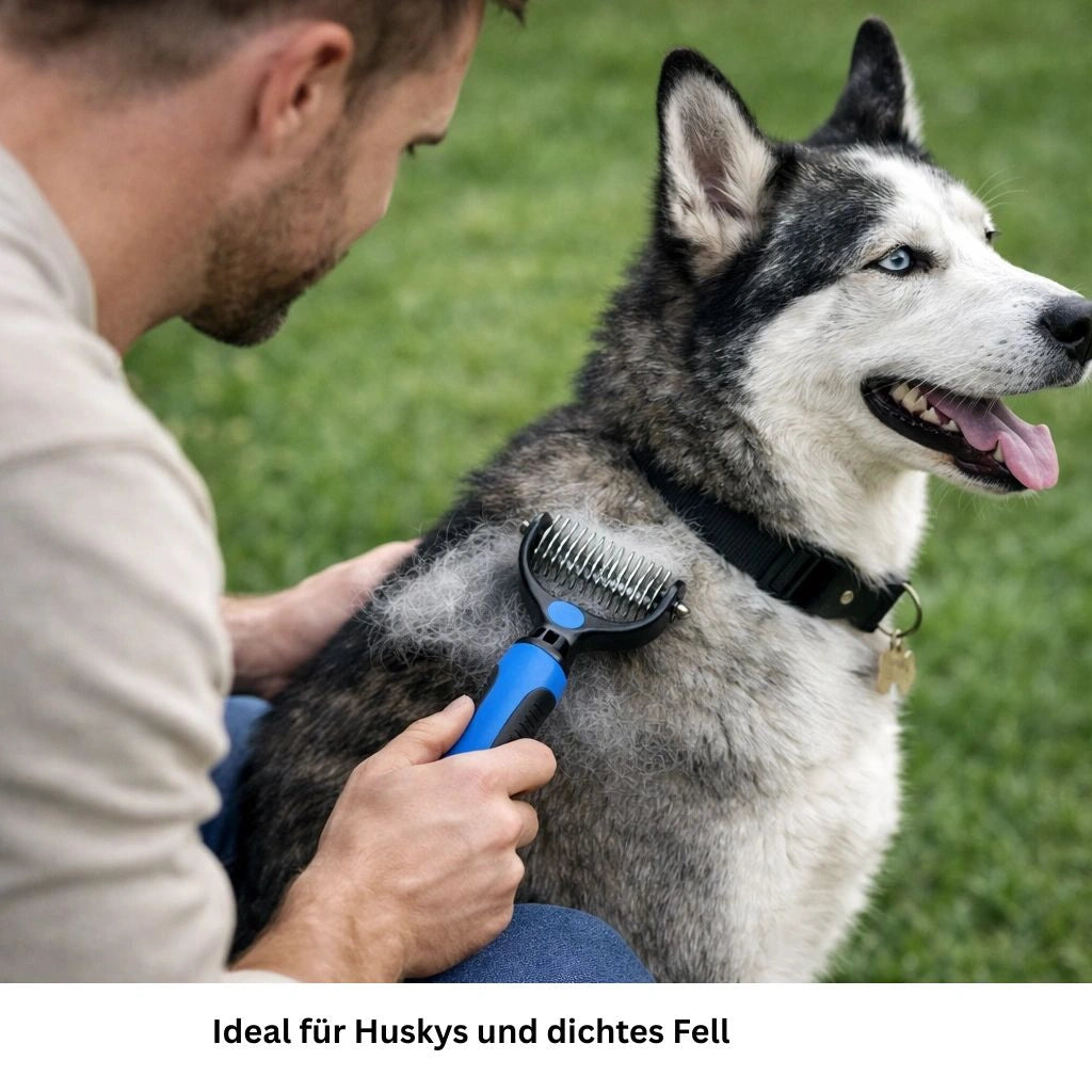 Hundebuerste entfernt lose Haare aus dem dichten Fell eines Huskys