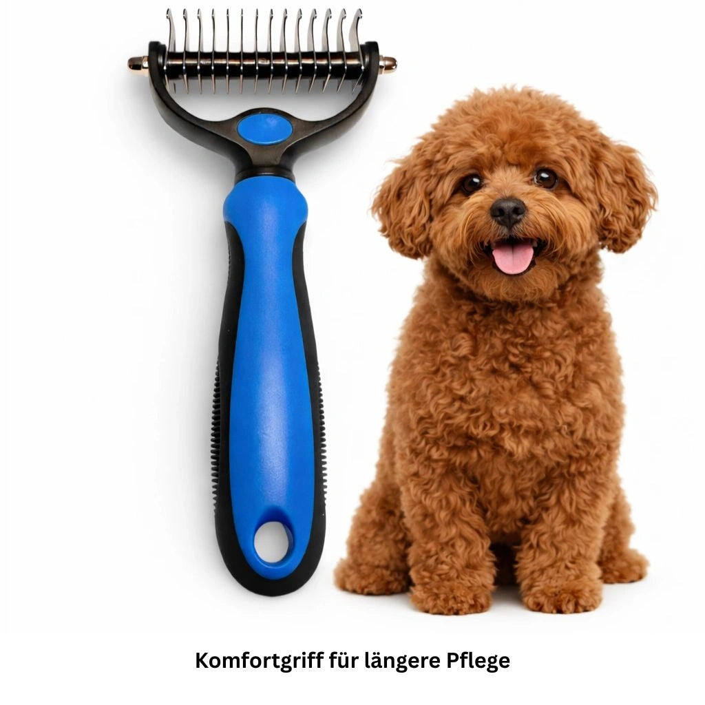 Hundebuerste neben einem kleinen Pudel fuer die Fellpflege