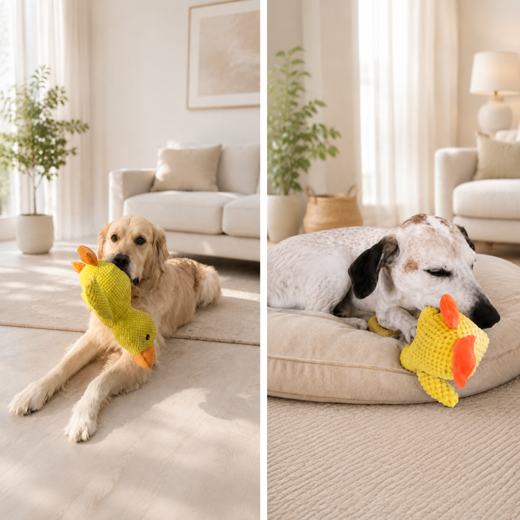 Zwei Hunde entspannen mit einer gelben Hundespielzeug-Ente im hellen Wohnzimmer.