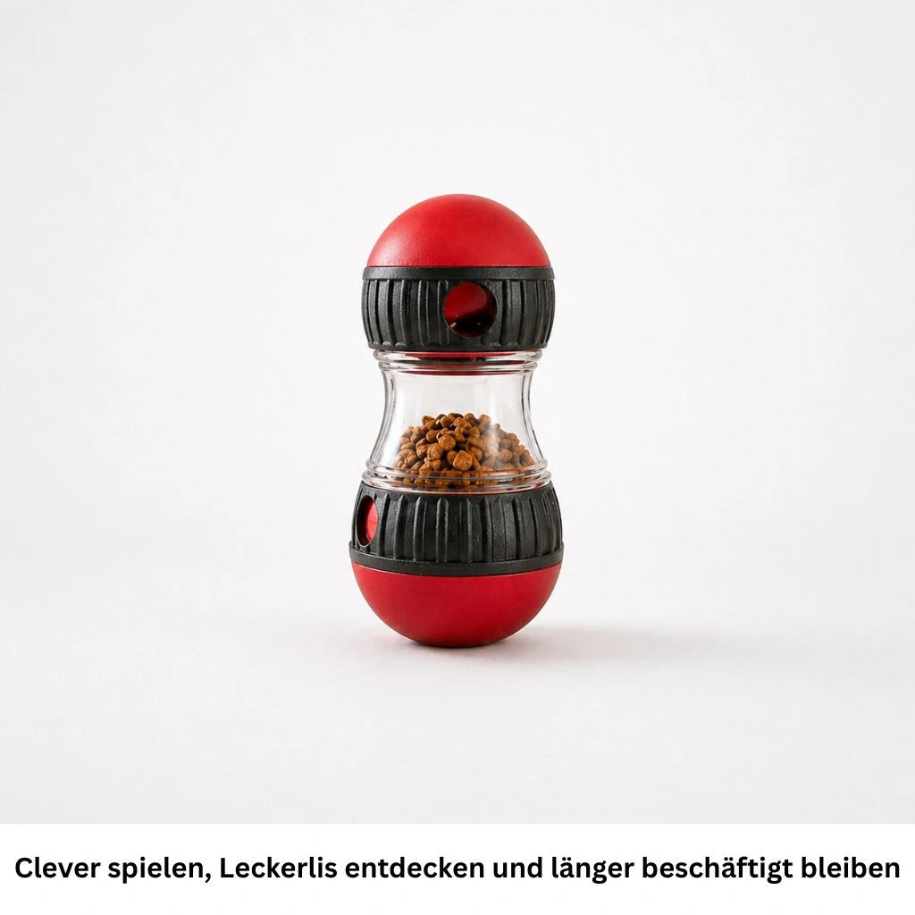 Rotes und schwarzes Intelligenzspielzeug für Hunde freigestellt auf hellem Hintergrund
