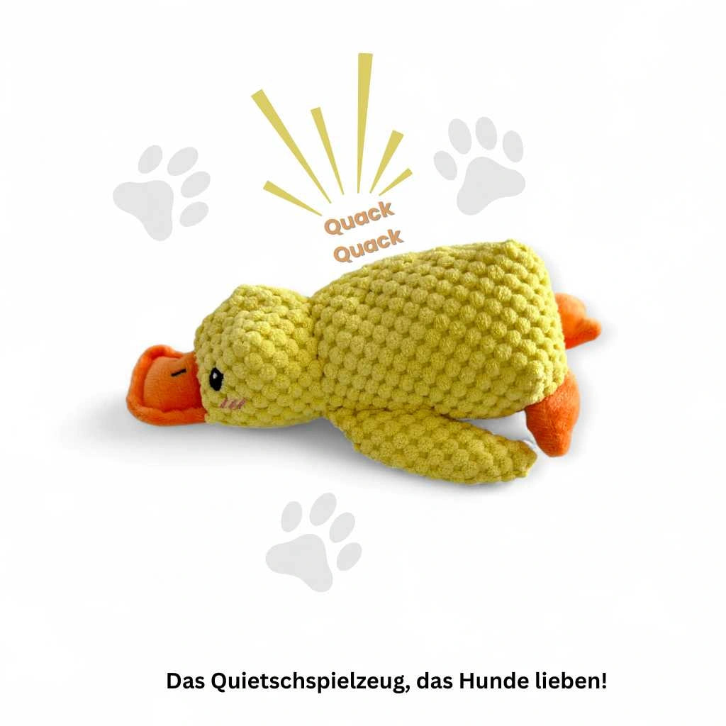 Gelbe Hundespielzeug-Ente mit orangefarbenem Schnabel und integriertem Quietscher.