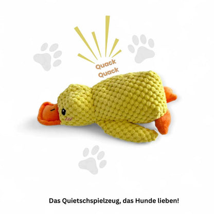 Gelbe Hundespielzeug-Ente mit orangefarbenem Schnabel und integriertem Quietscher.
