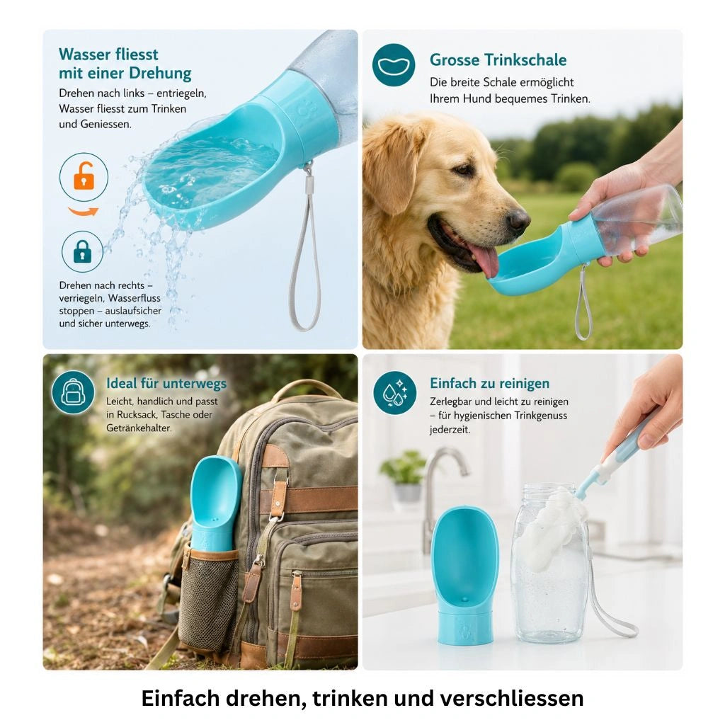 Anwendung, Befüllung und Reinigung einer tragbaren Hundetrinkflasche