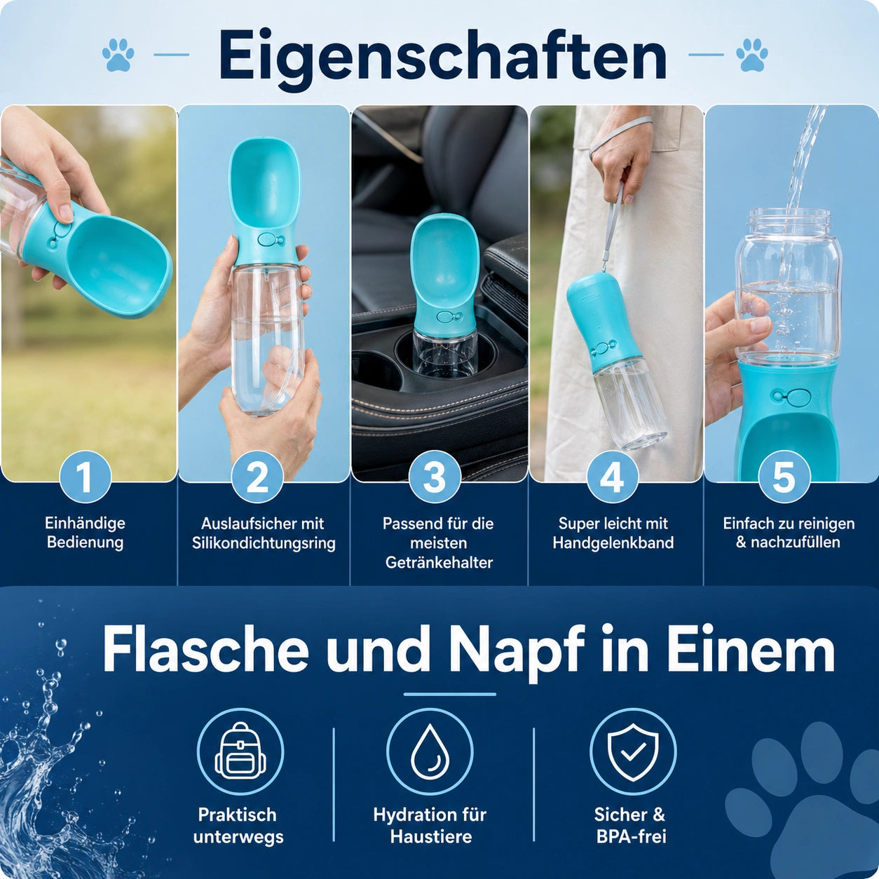 Übersicht der Eigenschaften einer tragbaren Hundetrinkflasche mit integriertem Napf