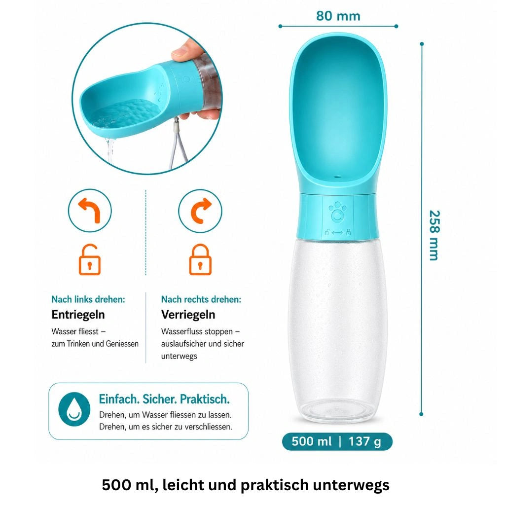 Türkise 500-ml-Hundetrinkflasche mit Angaben zu Höhe und Breite