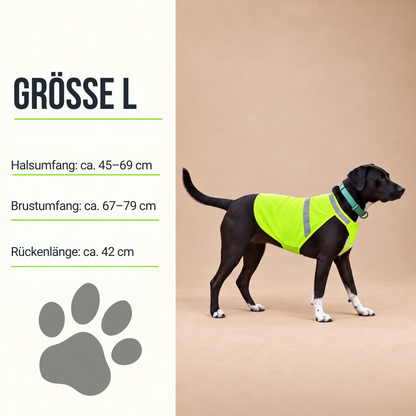 Grössentabelle L für die reflektierende Hundeweste mit Halsumfang, Brustumfang und Rückenlänge