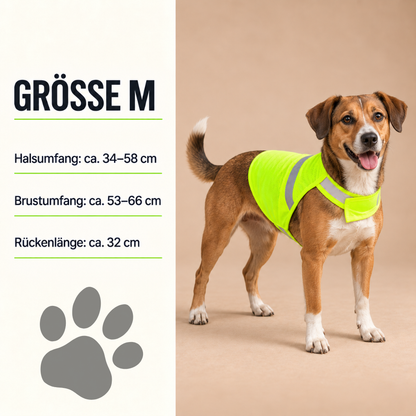 Grössentabelle M für die reflektierende Hundeweste mit Halsumfang, Brustumfang und Rückenlänge