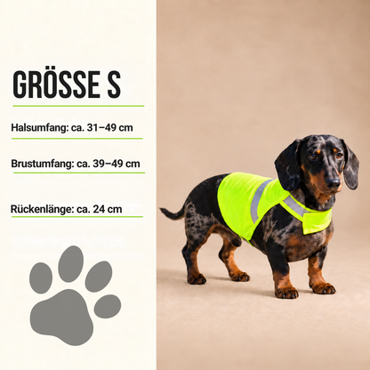 Grössentabelle S für die reflektierende Hundeweste mit Halsumfang, Brustumfang und Rückenlänge