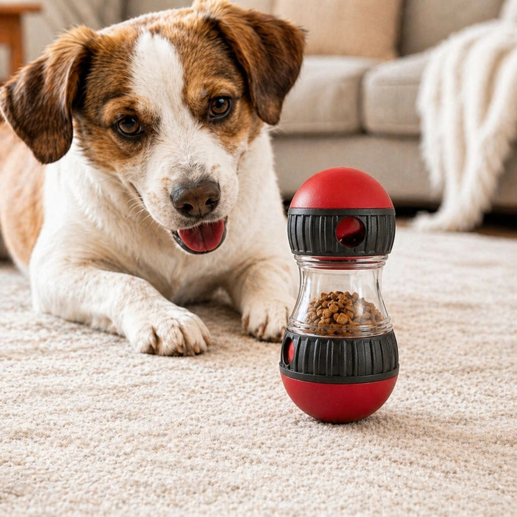 Kleiner Hund liegt hinter einem roten Intelligenzspielzeug mit Leckerlis auf hellem Teppich.