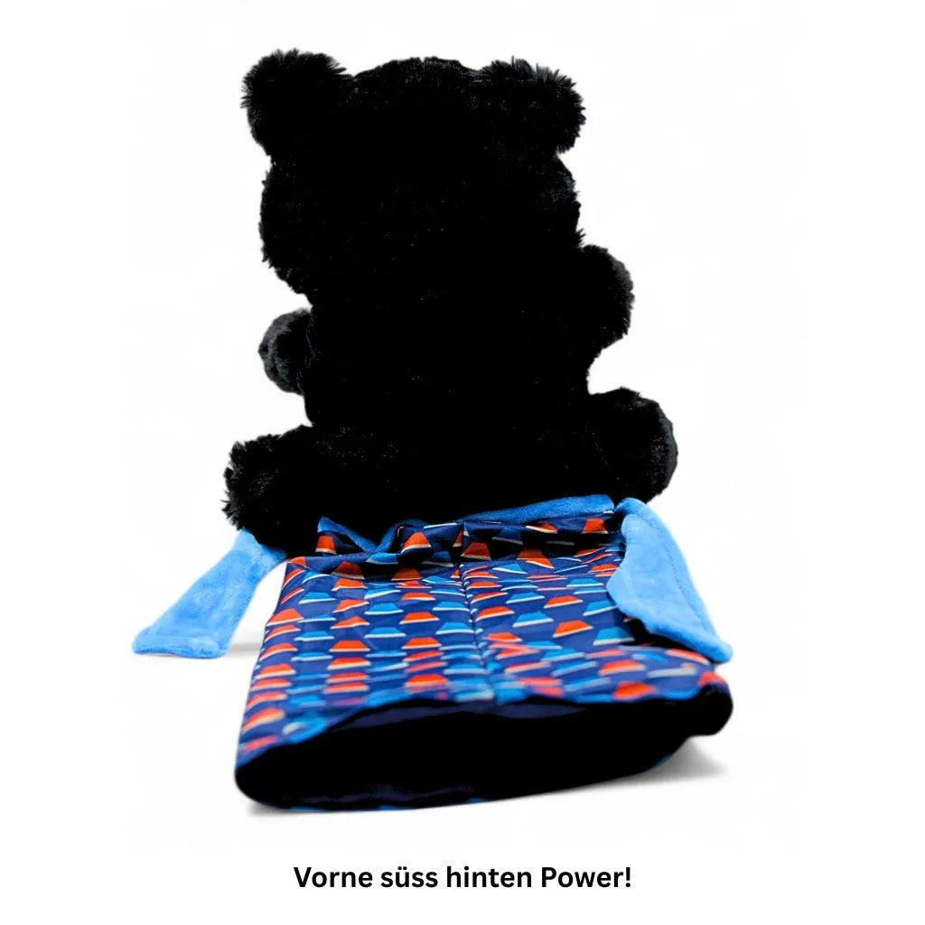 Rückseite der Puppe mit rotem und blauem Muster