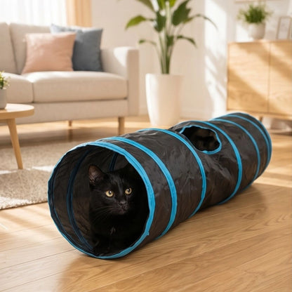 Schwarze Katze schaut aus Katzentunnel heraus