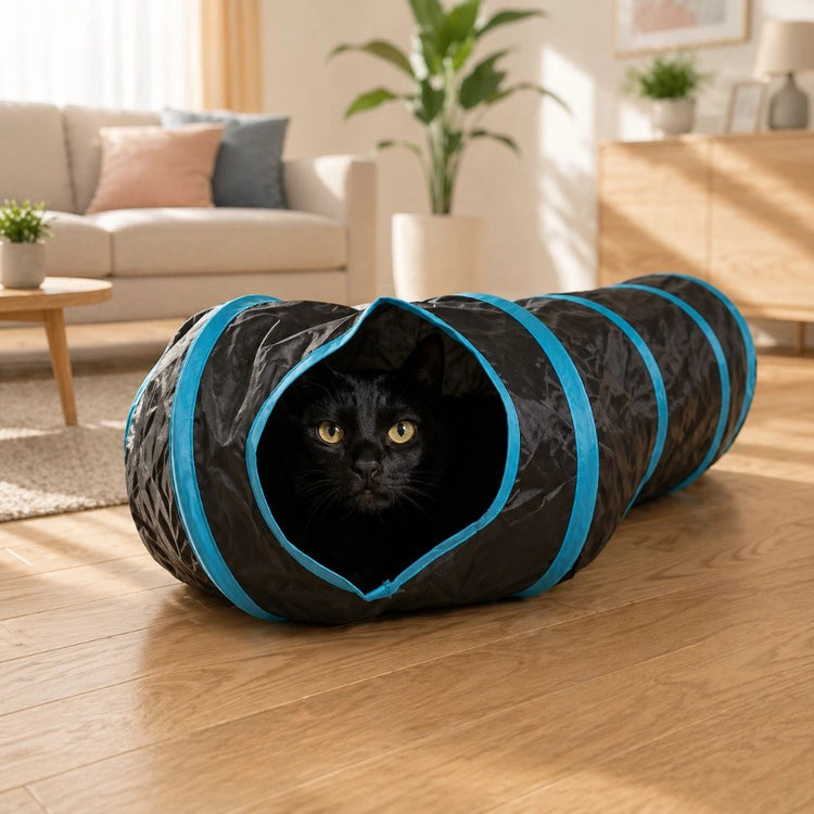 Schwarze Katze schaut aus Katzentunnel heraus